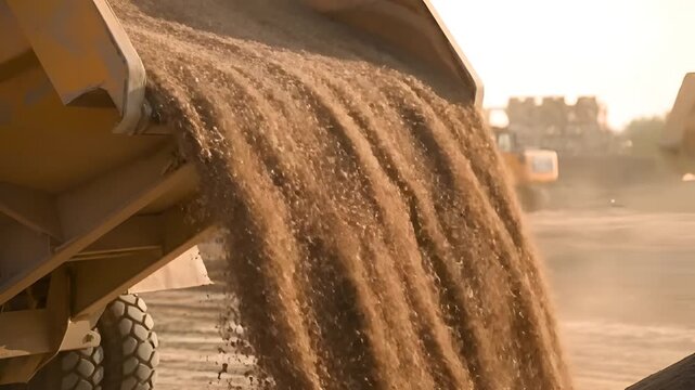 Heavy machinery dumping sand from mine into a large sandpit on a construction site