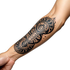 Man arm with black and grey tribal tattoo design arm of woman.