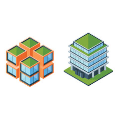 Modular mixed use complex icons with stacked cube apartments and terraced office block for property portfolio, design competition, redevelopment branding