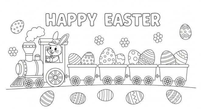 Easter train with bunny and decorated eggs on tracks surrounded by flowers and eggs