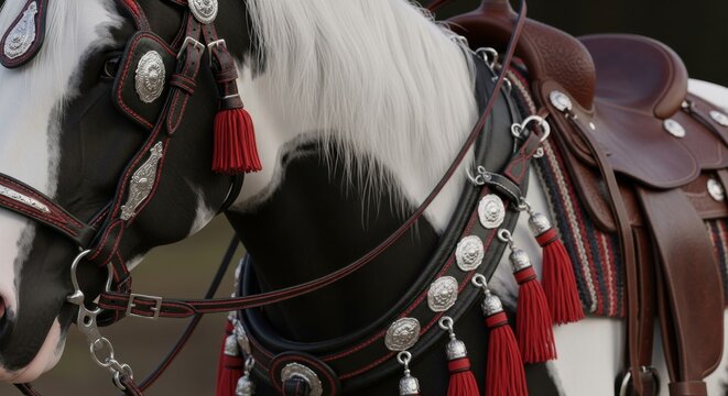 Magnificent Piebald Horse Portrait in Ornate Western Show Tack. Detailed Close-up of Luxury Leather, Silver Conchos, and Red Tassels.