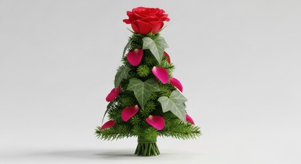 Red Rose Miniature Christmas Tree decorated with pink petals and green ivy, representing elegance and love for winter holiday promotions.