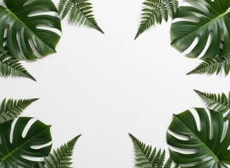 Green Tropical Monstera and Fern Leaves Border on White Background Natural Jungle Foliage Framing Empty Copy Space for Text