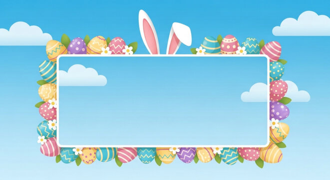 Colorful easter eggs and bunny ears frame with blue sky background for spring greeting cards