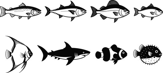 Black and white vector illustration set of eight different fish species including tuna shark salmon angelfish pufferfish and clownfish for marine wildlife design © MstRujifa