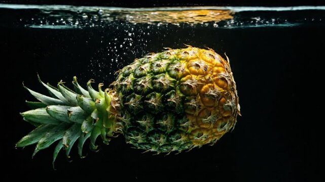 A fresh pineapple partially submerged in clear water with bubbles against a dark background, creating a dynamic still life.