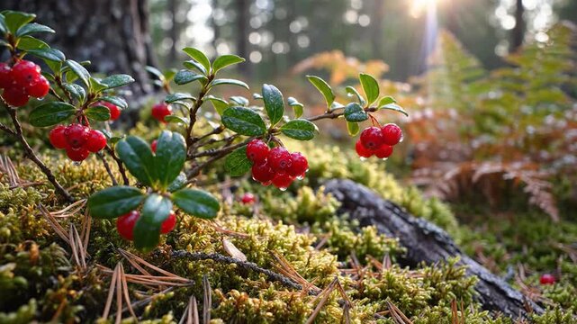 Close-up of ripe red lingonberries with dew drops in a forest