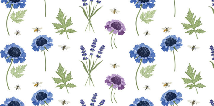 Seamless blue floral pattern featuring a nature-inspired blossom design with spring roses and green leaf elements for a summer garden art collection