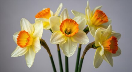 Close-Up of Fresh Daffodils with Water Drops on Petals, Blooming against a Studio Background for Spring Greeting Card and Easter Designs.