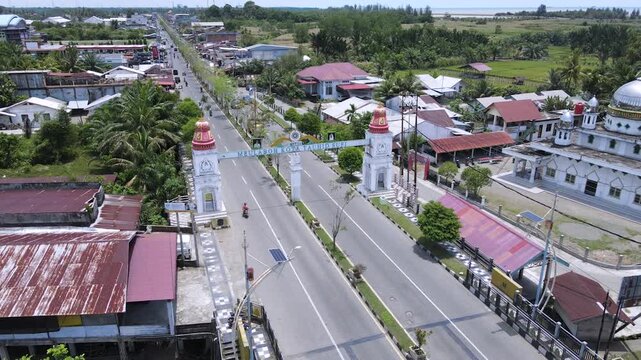Drone Aerial of Bridge Entrance to Meulaboh City, Aceh
