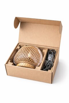 Wicker table lamp in molded pulp shipping cradle with lid open protective packaging concept studio product photo
