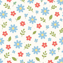 Hand_Drawn_Watercolor_Blue_Daisy_and_Red_Flower_Seamless_Pattern