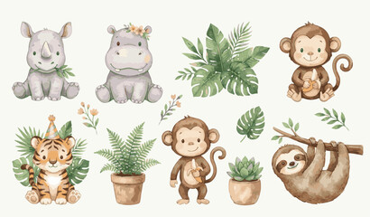 Fototapeta premium Cute sWatercolor baby jungle set with rhino, hippo, monkeys, tiger, sloth, leaves. Collection of Vector illustrations. Perfect for invitation, card, poster, banner, decoration