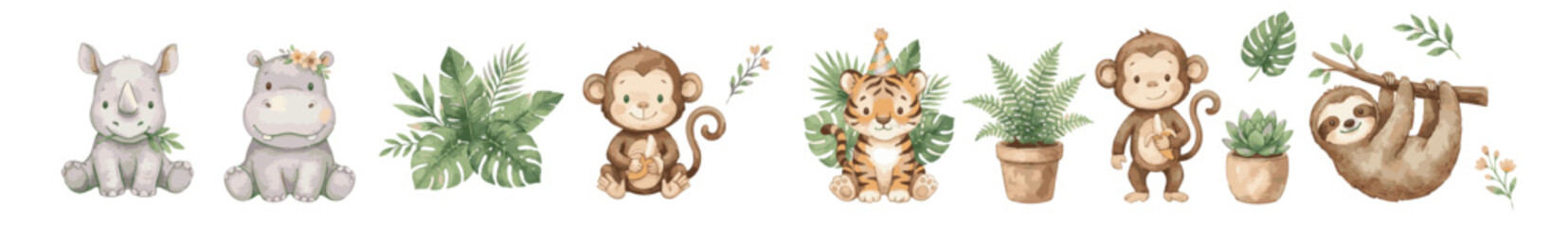 Cute safari animals clipart with tropical leaves and potted plants. Nursery. Collection of Vector illustrations. Perfect for invitation, card, poster, banner, decoration © maria