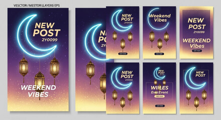 Naklejka premium Neon crescent moon and lanterns on gradient background for social media posts