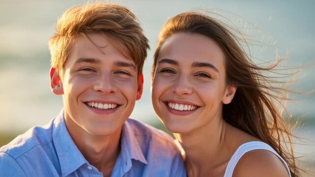 Smiling young man and woman posing close together by the sea at sunset, wind in hair and warm golden light creating cheerful summer romance and lifestyle concept.