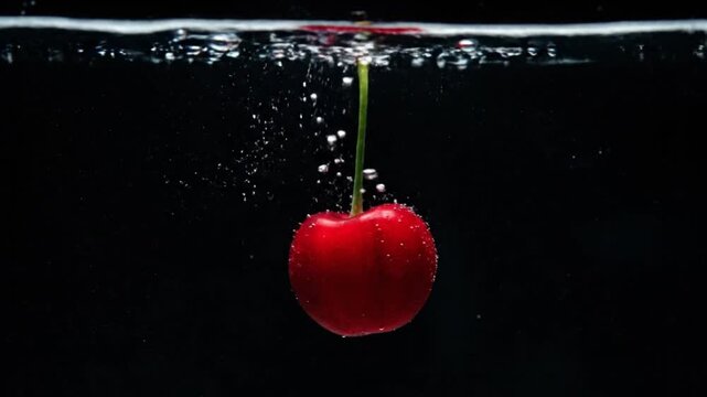 A single red cherry with a green stem sinking into clear water with bubbles against a dark background.