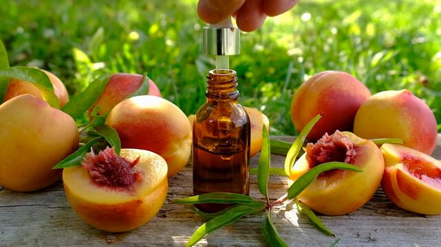 Peach kernel oil and supplements. Selective focus.