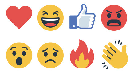 Social Media Reactions icon set, Heart Laugh Thumbs Up Angry Surprised Sad Fire Clapping Emoji Symbols © Ayat 04