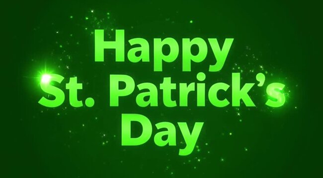 Luminous Lime Green St. Patrick's Day Text with Intense Glitter Burst and Bokeh for Holiday Promotion