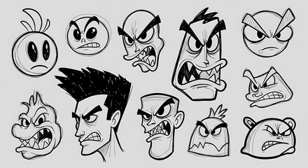 Obraz premium Hyper-Realistic Graffiti Character Doodle Elements Set - Cartoon-Style Faces, Monsters, and Urban Character Sketches on a Light Gray Background