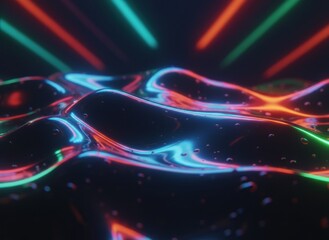Abstract dark fluid surface with glowing neon red and teal light reflections and small water droplets in a digital art rendering