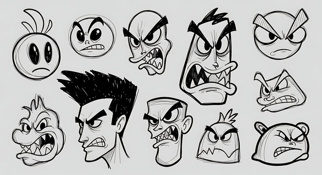 Hyper-Realistic Graffiti Character Doodle Elements Set - Cartoon-Style Faces, Monsters, and Urban Character Sketches on a Light Gray Background