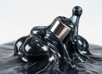 Sparkling Black Magnetic Putty Encasing a Small Metal Cylinder with Interesting Texture and Fluid Shapes Studio Lighting