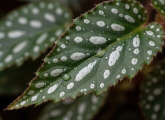Close Up Of A Green Leaf With White Spots And Water Droplets Showing Serrated Edges And Natural Texture In Soft Lighting