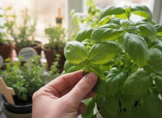 Close up of a person's hand gently touching vibrant green basil leaves growing indoors with soft natural light illuminating the plants