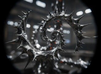 Abstract metallic spiral with sharp spikes in a dark industrial setting with red glowing elements and bokeh background