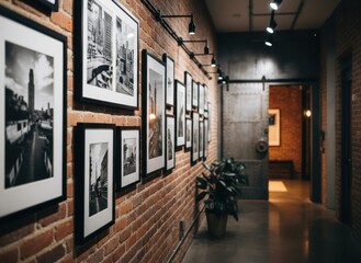 Indoor Art Gallery Hallway with Framed Black and White Cityscape Photographs on Textured Brick Wall Under Warm Track Lighting