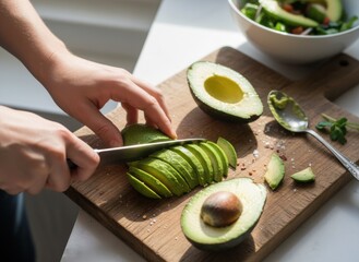 Close Up Of Person Slicing Fresh Ripe Avocado Fruit On Wooden Cutting Board With Natural Sunlight
