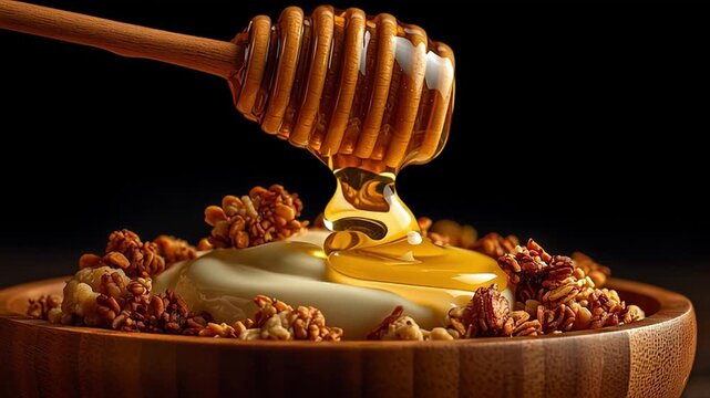 Golden honey dripping onto bowl of yogurt and granola