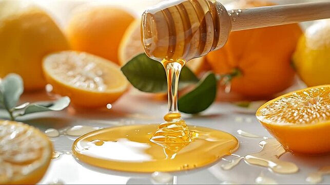Golden honey drips from a wooden dipper onto a white surface, surrounded by fresh citrus