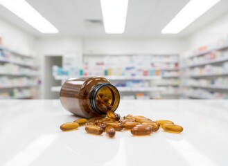 Amber Glass Pill Bottle Spilled Transparent Capsules on White Countertop in Pharmacy Aisle with Blurred Shelves Background