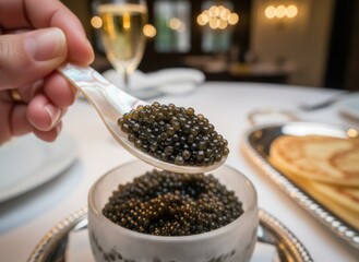 Close Up Of A Hand Holding A Spoon Full Of Black Caviar Over A Glass Bowl On A White Tablecloth With Blurry Background Lights