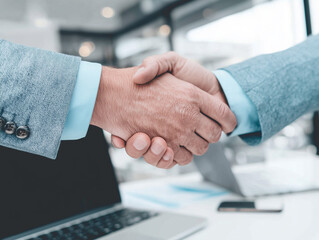 Two people shake hands across a desk with a laptop nearby, symbolizing agreement, partnership, and successful business negotiation in a professional setting