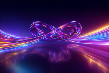 Glowing neon infinity loop with vibrant light trails and glossy reflection.