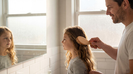 Caring father gently brushes his daughter&rsquo;s hair, showing tender modern fatherhood at home.