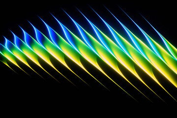 Dynamic 3D render of repeating blue, green and yellow light shapes on black background.