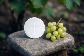 Eucharist host with grapes symbolizing communion, faith, and sacrifice