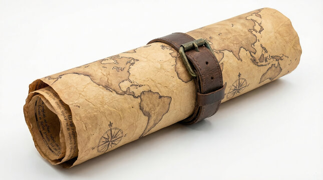 A nostalgic world map rolled up and tied with a leather belt, standing crosswise on a white background. Adventure and exploration theme.