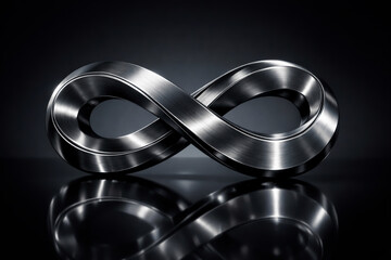 Brushed metal infinity symbol with sleek reflection on dark background in realistic 3D render.