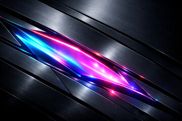 Futuristic 3D render with glowing neon streak across dark metal layers.