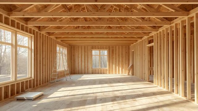 Sunlit wooden house frame interior with exposed studs and large windows