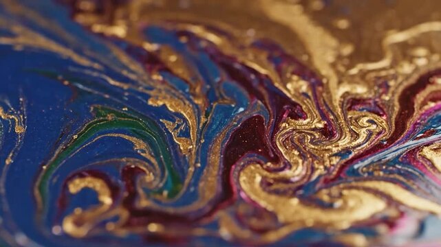Abstract background of swirling liquid marble with gold glitter.
