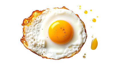 Overhead shot of a fried egg on black with oil drips