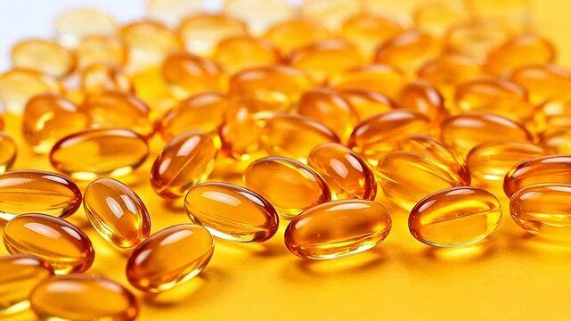Transparent orange capsules on yellow surface