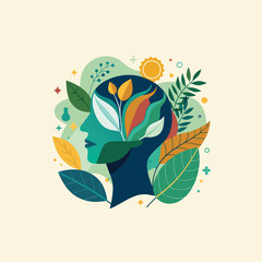 A vibrant illustration of a human head with leaves and flowers growing out of it